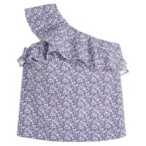 Blusa asimétrica con volantes, estampado floral