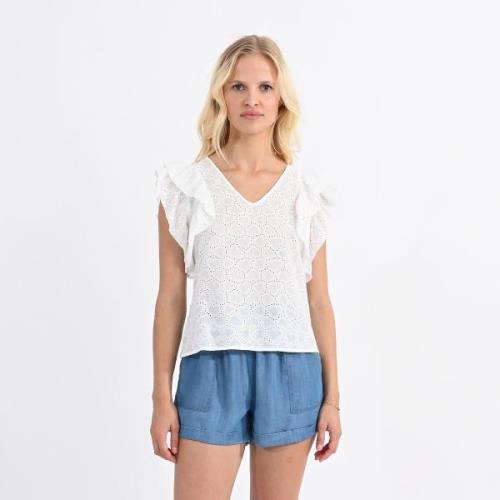 Blusa bordada con cuello de pico y mangas con volantes