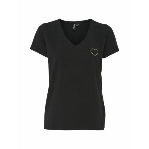 Camiseta con cuello de pico, corazón bordado